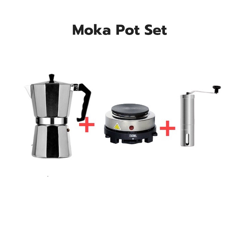 ชุดหม้อต้มกาแฟ Mocha Moka Pot Nespresso 3/ 6 ถ้วย-พร้อมเตาไฟฟ้า500W ที่บดกาแฟ ชุดออกร้าน ชุดเริ่มต้น XBDK