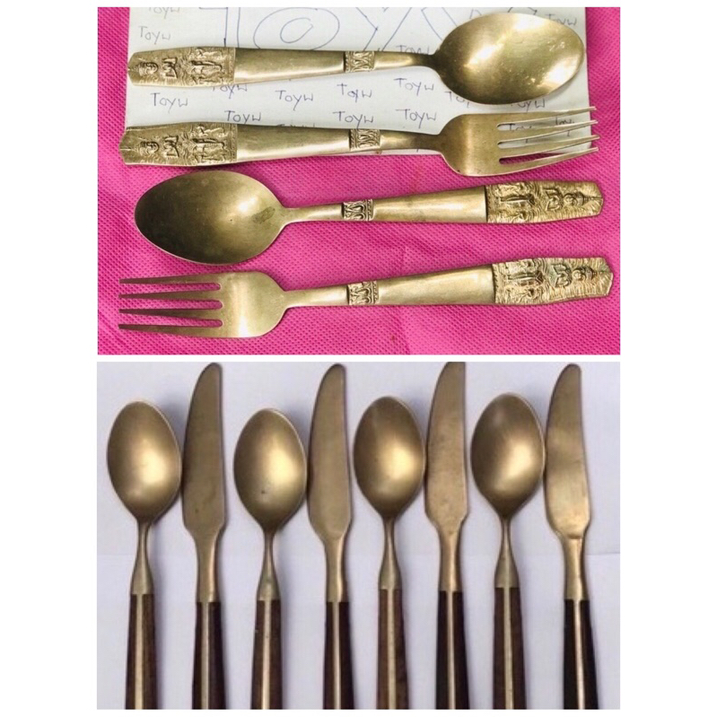 Antique Brass มีดทองเหลืองลายเทพพนม/มีดด้ามไม้ ช้อนส้อมลายเทพพนม brass cutlery ส้อมขนมด้ามไม้ลายเทพพ