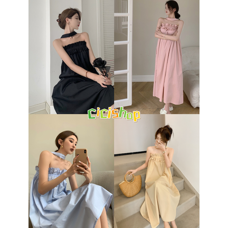 Cicishop(3083)ชุดเดรสยาวสีพื้น แต่งระบายช่วงอกมีสายคล้องคอ สไตล์โคเรีย