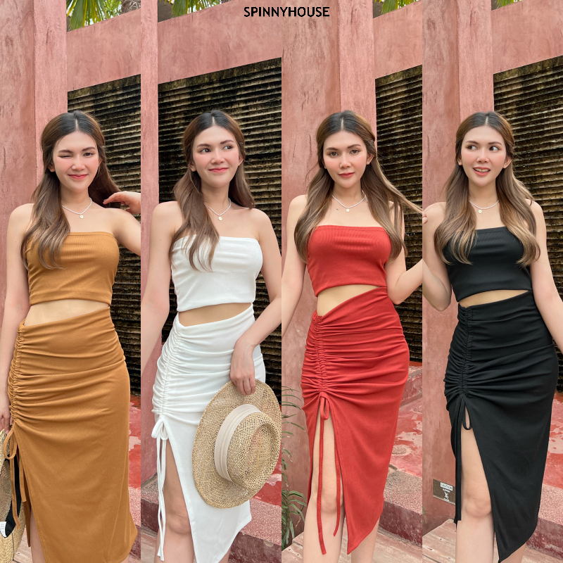 SpinnyHouse ชุดเช็ต ไปทะเล 2ชิ้น เกาะอก+กระโปรงรูดข้าง ผ้านิ่มใส่บาย งานสวย ผ้าร่องยืดเยอะ ชุดไปทะเล รุ่น เจเล่