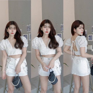 เสื้อครอปคอวีแขนตุ๊กตาหลังเซ็กซี่เบาๆงานซิปข้างแมชกางเกงเองสูงได้ทุกแบบจร้า