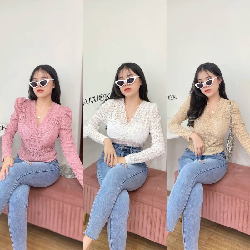 SpinnyHouse เสื้อลูกไม้แขนยาว งานลูกไม้ผ้านิ่ม คอวี ผ้าลายลูกไม้ รุ่น ยาใจ B-015-4-A