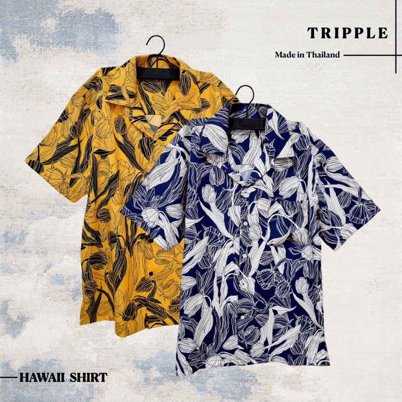 TRIPPLE เสื้อฮาวายแขนสั้น ลายดอกไม้ ลายดอกทิวลิป สีเหลือง สีน้ำเงิน #Hawaii #Shirt