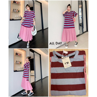 🌈🌿🌸🌼🌺💖❤️🇰🇷 Cotton Stripe Patch Frill Buttom Maxi Dress