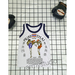 เสื้อกล้ามมวยไทย สำหรับเด็กมีไซร์ s m l xl สีขาวกุ้นขอบ มีสกรีนด้านหน้าหลัง