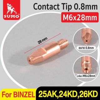 Contact Tip 0.8,0.9,1.2mm M6x28mm BINZEL 25AK,24KD,26KD อะไหล่สำหรับปืนเชื่อม MIG 25AK,24KD,26KD Binzel