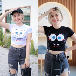 เสื้อครอปแขนสั้นสกรีนลายน่ารัก มี 2 สี ดำ ขาว พร้อมส่ง