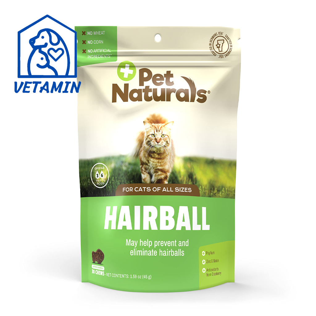 Pet Naturals วิตามินสำหรับแมว ขจัดก้อนขน เสริมระบบทางเดินอาหาร บำรุงผิวและขน เม็ดเคี้ยวขนมรสตับไก่ 30 เม็ด
