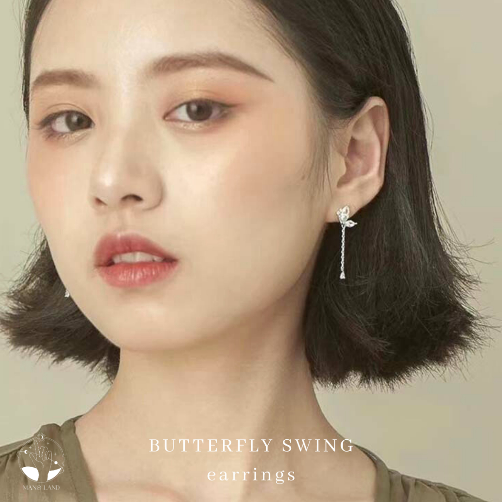 MNL BUTTERFLY SWING ต่างหูแบบ ผีเสื้อน้อยแห่งความรักและสดใส ห้อยเพชร เครื่องประดับแฟชั่น เงินแท้ ไม่ลอกดำ มินิมอล น่ารัก
