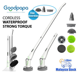 Goodpapa QXJ-100 เครื่องขัดพื้นไฟฟ้าแบบหมุนได้, แปรงขัดพื้นพร้อมฝักบัวด้ามยาว, จอแสดงผล LED HD ความเร็ว 2 ระดับ, หัวแปรงแบบเปลี่ยนได้ 6 หัวสำหรับทำความสะอาดห้องครัว, ห้องน้ำ