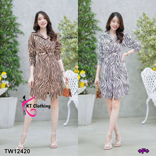 TT12420 เดรสคอปก ม้วนไขว้ด้านหน้า ลายม้าลาย Collared dress, rolled over the front, zebra pattern