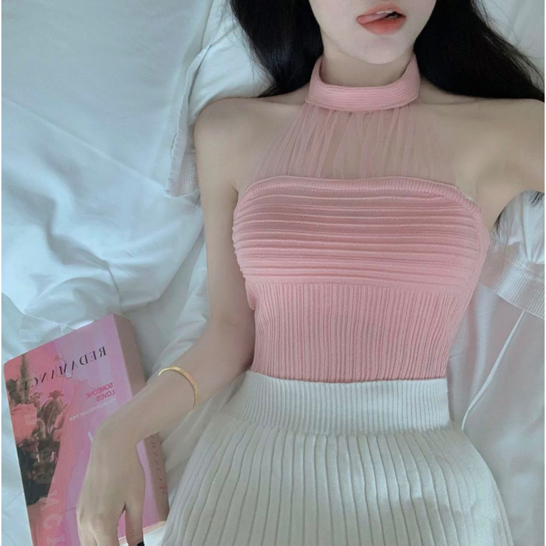 Cicishop(Y2153)เสื้อครอปแขนกุดผ้าไหมพรม ดีเทลคล้องคอผ้าชีฟอง แมทซ์ได้หลายสไตล์ - รูปที่ 7