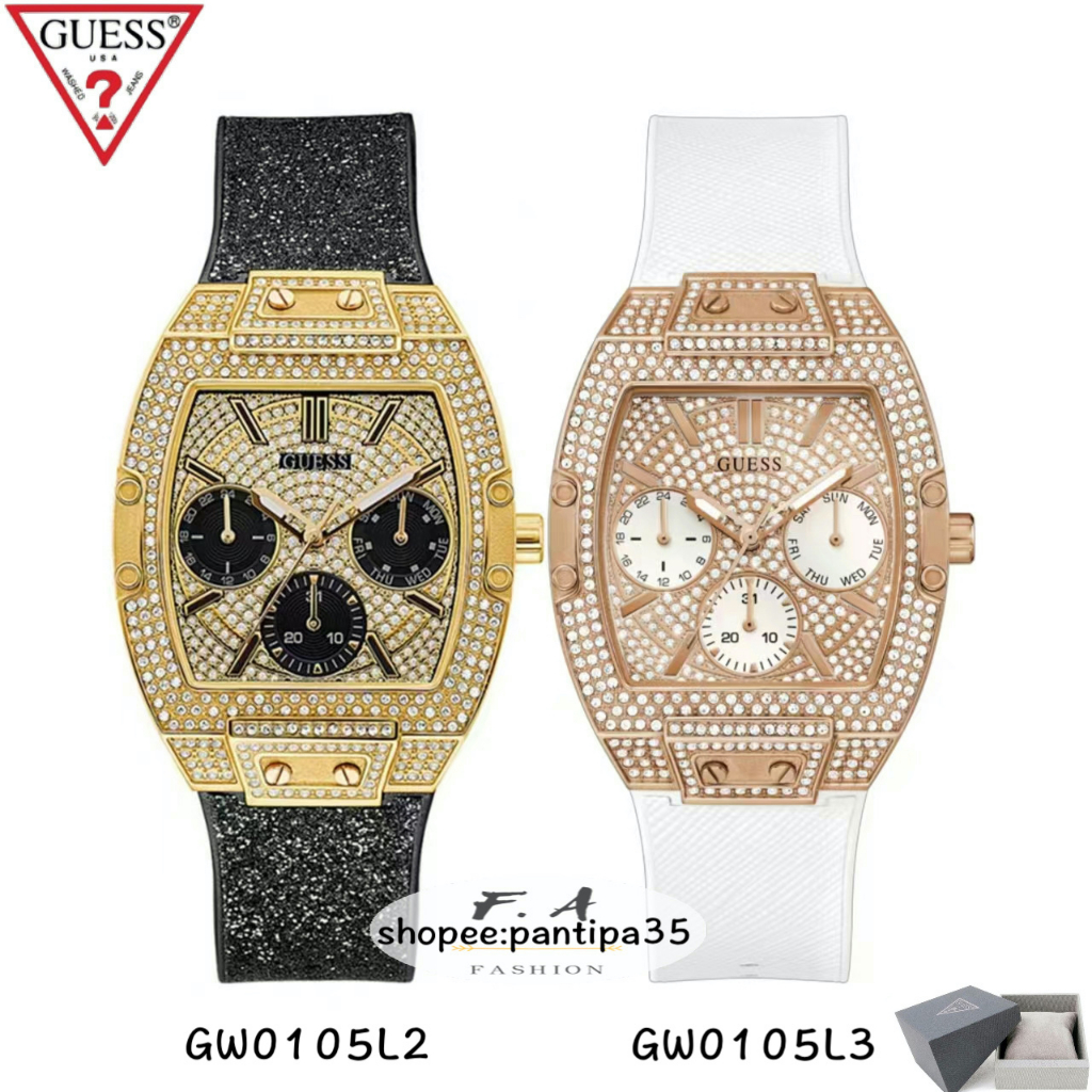 F.A ของแท้100% Guess ตัวเรือนสแตนเลส ตัวเรือนรูปทรงตันประดับด้วยคริสตัล หน้าปัดมัลติฟังก์ชั่นที่ตื่น