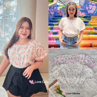 เสื้อครอปแขนตุ๊กตา จั้มเอว ผ้าด็อบบี้ลายทิวลิป🌷✨ สวย หวาน ละมุน เสื้อผ้าสาวอวบอ้วน พลัสไซส์ ไซส์ใหญ่