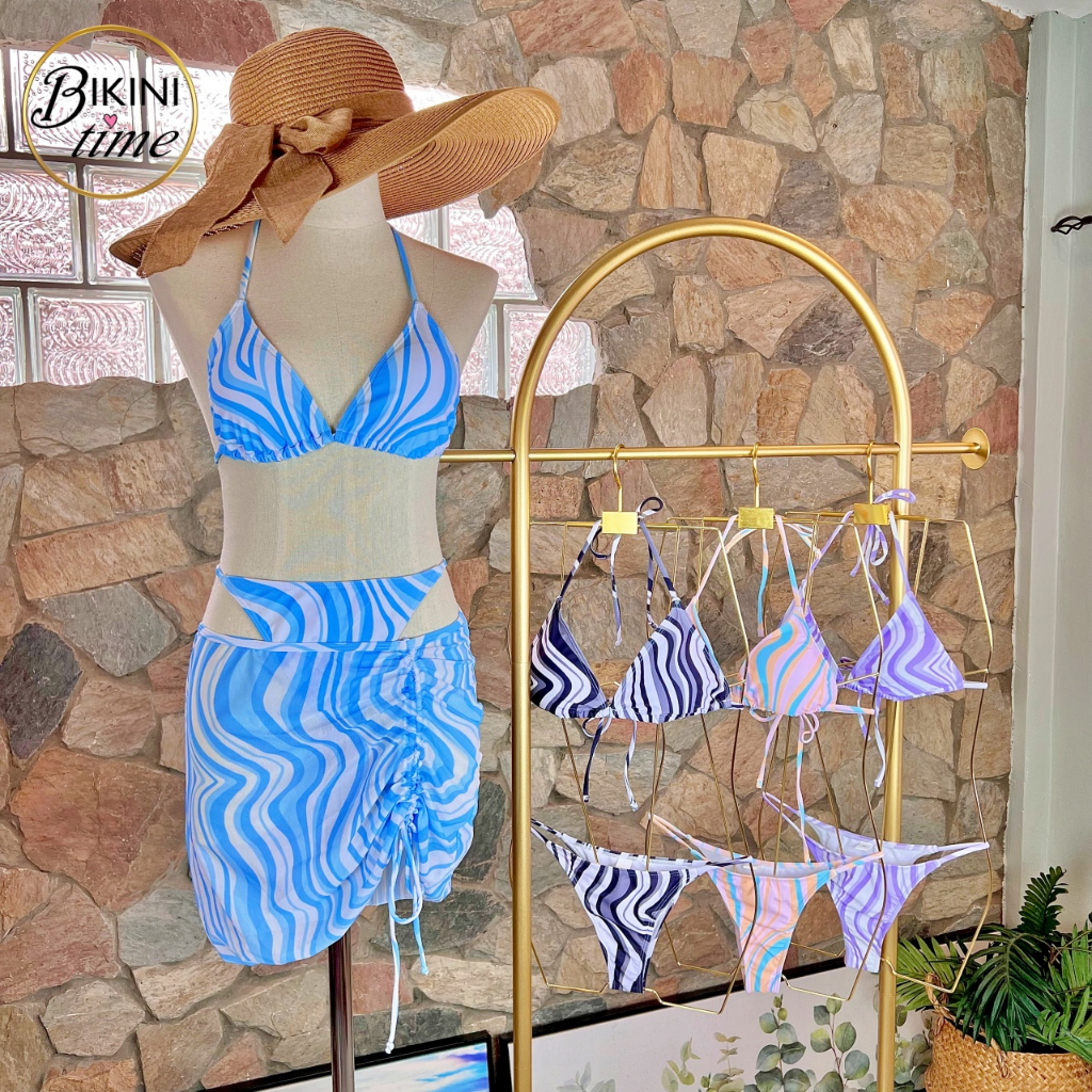 BikiniTime (M-XL) SB230 มี4สี ชุดว่ายน้ำเซ็ท 3 ชิ้น ลายแคนดี้ พร้อมกระโปรง กางเกงขาเว้า ชุดเที่ยวทะเล