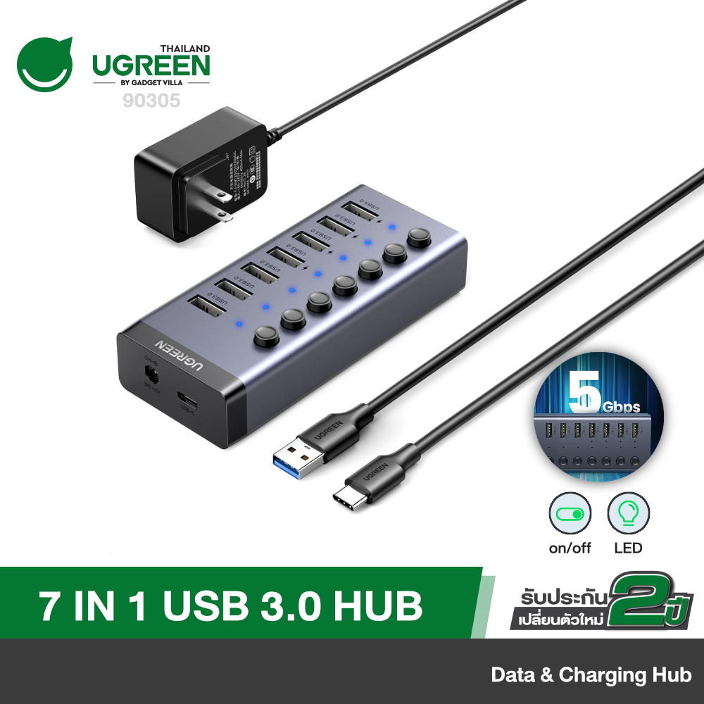 Ugreen รุ่น  7 – 10 Port 3.0 on off switchable usb3.0 Hub With 1m Usb type C To A Cable รุ่น 90305 และ 30779