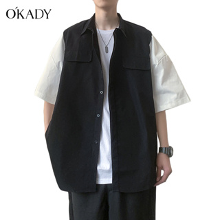 OKADY เสื้อเชิ้ตชายสุภาพ แขนสั้น 2 สี ผ้าโพลีเอสเตอร์  แถบกระดุม สามารถสวมใส่ได้ทั้งชายและหญิง