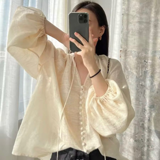 เสื้อ blouse ผ้าฝ้ายเนื้อบางทิ้งตัว ใส่สบาย กระดุมหน้า cutting สวย สาวขนาด M-3XL ใส่สวย