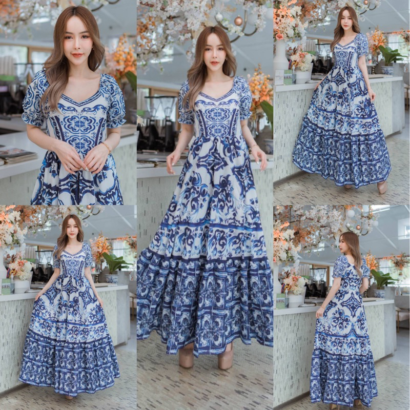 พร้อมส่ง S-4XL ป้าย Love Lady เดรสยาว เดรสพิมพ์ลายกราฟฟิก สีน้ำเงิน ผ้าดีมาก สวยอลังสุด ๆ
