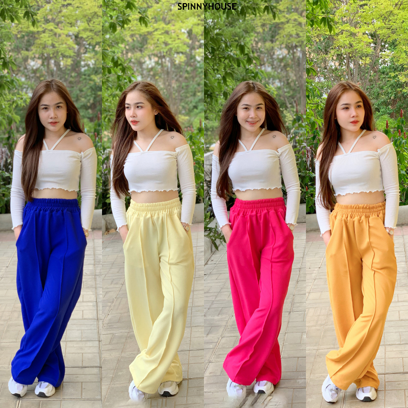SpinnyHouse กางเกงเอวสูง ผ้าวูลเวฟ มีประเป๋าข้าง แมชง่าย ผ้าหนานุ่มมาก ยืดได้เยอะ แต่งได้ทุกลุค รุ่น ฮะเก๋า