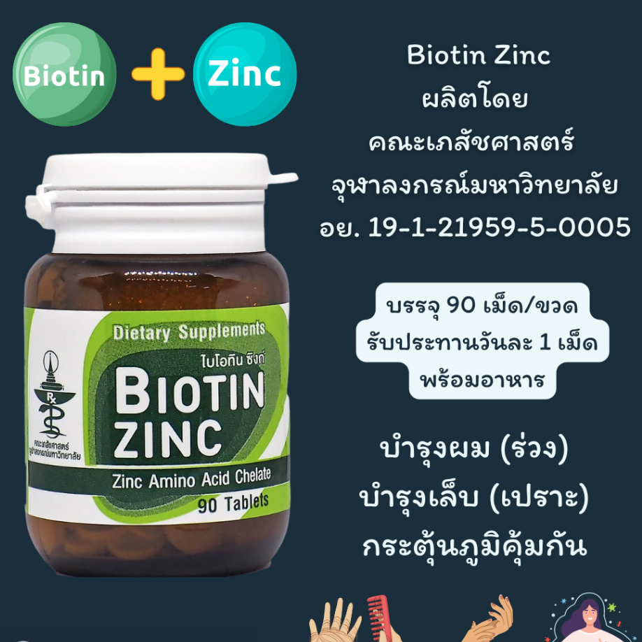 #ส่งทุกวัน Biotin Zinc ไบโอทิน ซิงก์ ขนาด 90 เม็ด บำรุงผม บำรุงผิว บำรุงเล็บ ไบโอติน Exp.29/01/2025 [28257]