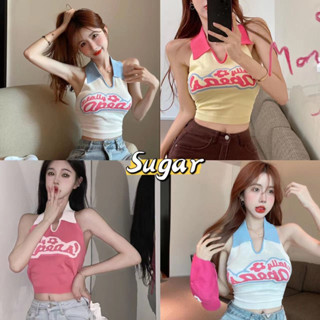 Sugar🌈พร้อมส่ง🌈เสื้อคล้องคอ คอปก ผูกเอวจั๊มเอว เว้าหลังเซ็กซี่(6552)