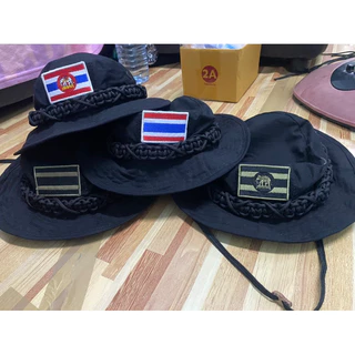หมวกปีกถักเชือก สีดำ ถักเชือกพาราคอร์ดพร้อมอาร์มทหารพราน แบบติดตีนตุ๊กแกหน้าหมวก #หมวกปีกสั้น
