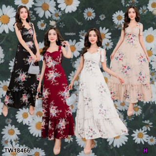 18466 แม็กซี่เดรสยาว สายผูกไหล่ สายผูกเอว ลายดอกไม้ Long maxi dress, shoulder straps, waist strap, floral print