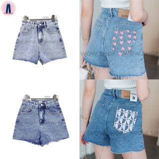 Wow jeans กางเกงยีนส์ขาสั้นเอวสูงสกรีนหัวใจปลายขาตัด #906 jeansdede