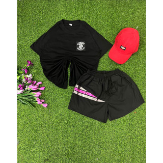 ชุดเซต 2 ชิ้น กางเกงขาสั้นแถบ และเสื้อยืดแขนสั้นคอกลม สกรีนลาย