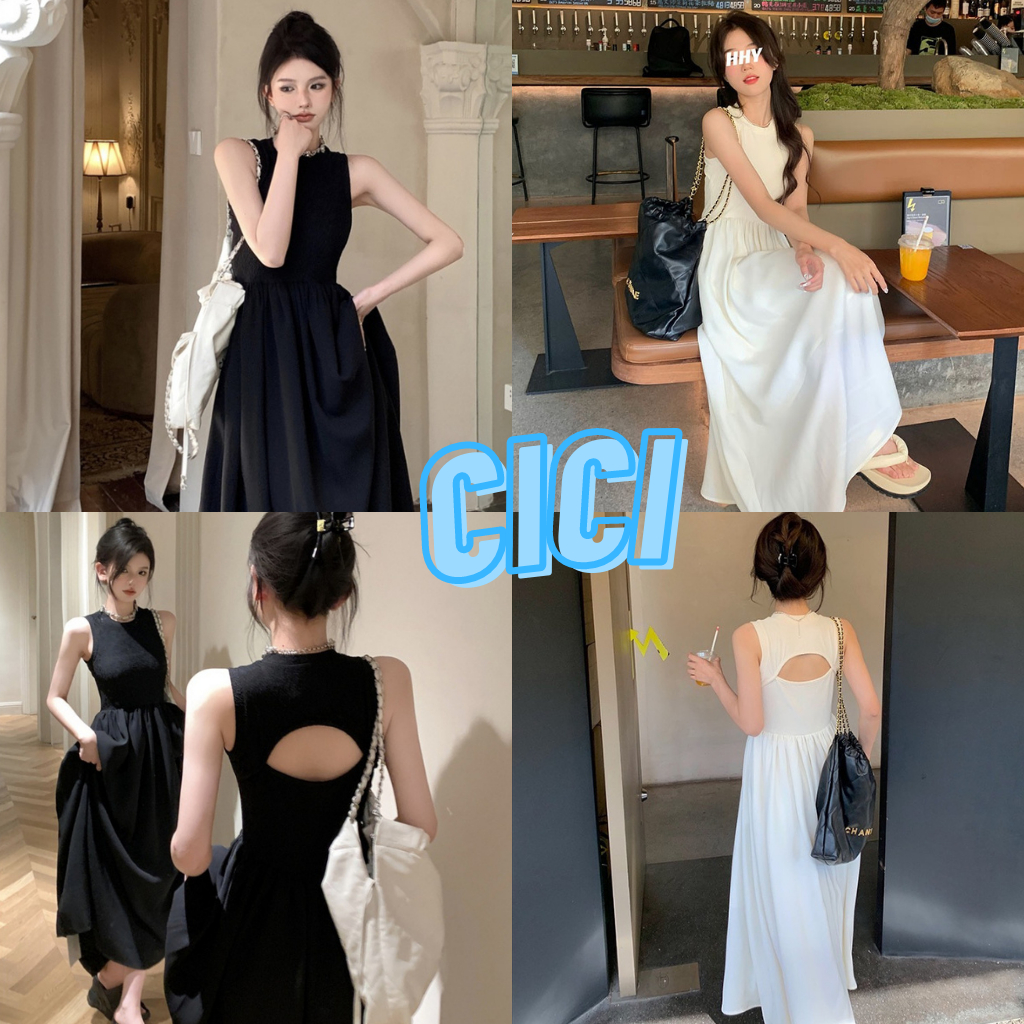 ส่งทันที Cici(NO. J3097)เดรสยาวแขนกุดคอกลม ดีเทลเว้าหลัง มีซับใน สไตล์เรียบหรูดูแพง