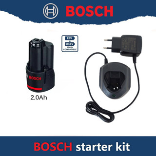 BOSCH starter kit 12V 2.0ah ประกอบด้วย แบตเตอรี 12V 2.0ah จำนวน 1ก้อน พร้อม แท่นชาร์จ