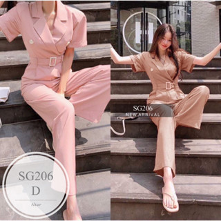 ST206  Jumpsuit จั้มสูทขายาว คอปก แขนสั้นแต่งพับ อกแต่งกระกระดุม งานผ้าซาร่าสีพื้น เอวสม็อคหลัง มีซิปหลัง + สายเข็มขัดรั