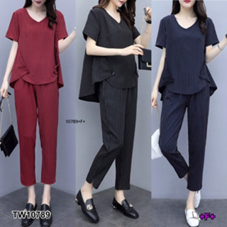 CS10789 Set 2 ชิ้น เสื้อริ้วหนเาสั้น-หลังยาว + กางเกงขายาวลายริ้ว Set 2 pieces: short front-long back shirt + striped tr