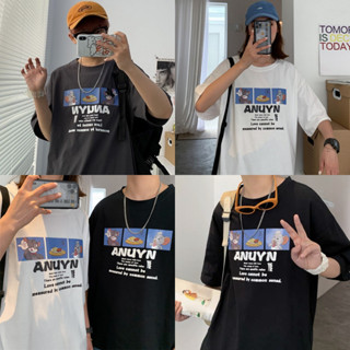 พร้อมส่ง เสื้อคู่รักชายหญิงน่ารัก แขนสั้นสีขาว เสื้อผ้าวัยรุ่นแฟชั่นเกาหลี เสื้อยืดคอกลมลายการ์ตูน สตรีท A086