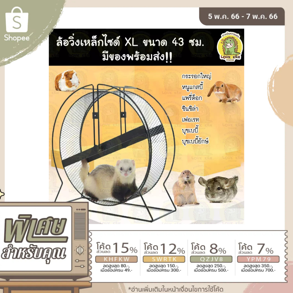 พร้อมส่ง จักรวิ่งเหล็กXL ขนาด 43 ซม. ล้อวิ่งชินชิล่า แพรรีด็อก กระรอก แกสบี้ เฟอเรท บุชเบบี้