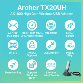 TP-Link Archer TX20UH ตัวรับสัญญาณ WiFi6 แบบ 2 คลื่นความถี่ AX1800 High Gain Wireless USB Adapter