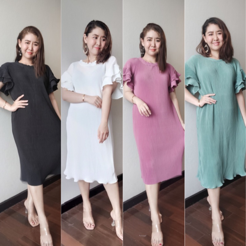 New collอัดพลีทระบายแขนb11เดรสสาวอวบ แฟชั่นชุดพลีทสีพื้นระบายแขนชุดใส่ออกงาน เดรสยืดฟรีไซด์ชุดทำงาน เดรสสีสุภาพFreesize