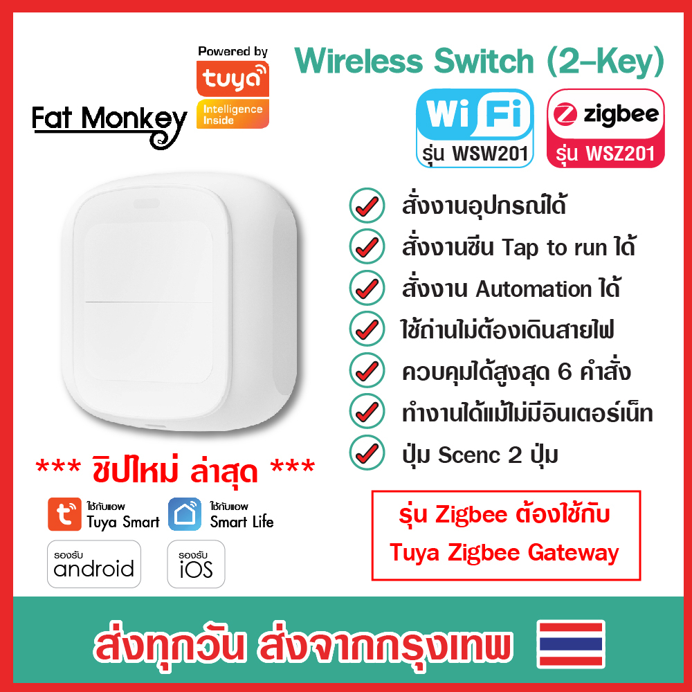 Tuya WiFi/Zigbee Wireless Switch ปุ่ม Scene เปิดปิดไฟไร้สาย 2 ปุ่ม แบบใช้ถ่าน สำหรับสั่งงาน Scene