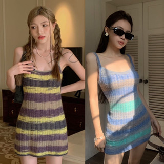 เดรสไหมพรมสายเดี่ยวลายรุ้งสลับสี สไตล์เกาหลี JINNY KNIT DRESS