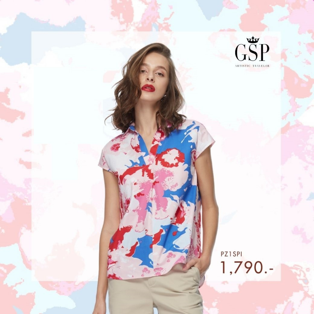 Gsp เสื้อ เบลาส์ผู้หญิง Cherry Blossom คอวี แขนสั้น สีชมพู (PZ1SPI)