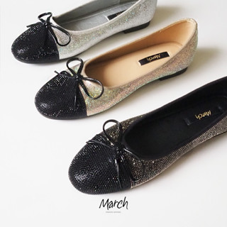 MarchShoes Pudding Flats รองเท้าส้นเตี้ยตัดต่อสี ประดับคริสตัลละเอียดทั้งคู่ มี 3 สี สีดำ สีเงิน สีทอง