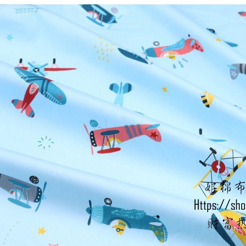 ผ้าคอตตอน 100% ทอทวิล หน้ากว้าง1.6 เมตร ตัดขายเป็นเมตร พิมพ์ลายเครืองบิน หมี จิ้งจอก