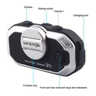 Vimoto V8--V8--V8 บูลทูธติดหมวกกันน็อค อินเตอร์คอม มีระบบตัดเสียงรบกวน ตัวเครื่องกันน้ำกันฝนได้ (มีใบอนุญาต)