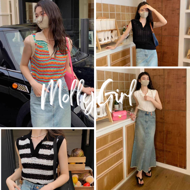 Mollygirl เสื้อครอป สีสันสดใส ผ้าไหมพรม