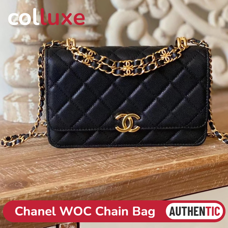 💯ของแท้👜ชาแนล Chanel 22KWOC/สุภาพสตรี/หัวเข็มขัดสีทองโซ่คู่/กระเป๋าสะพาย