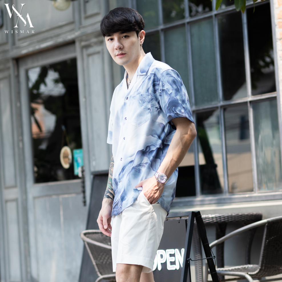 เสื้อเชิ้ตฮาวายแขนสั้นลายหินอ่อน(อาร์คติก บลู): Hawaii Arctic Blue  Marble Shirt(Short-Sleeve)