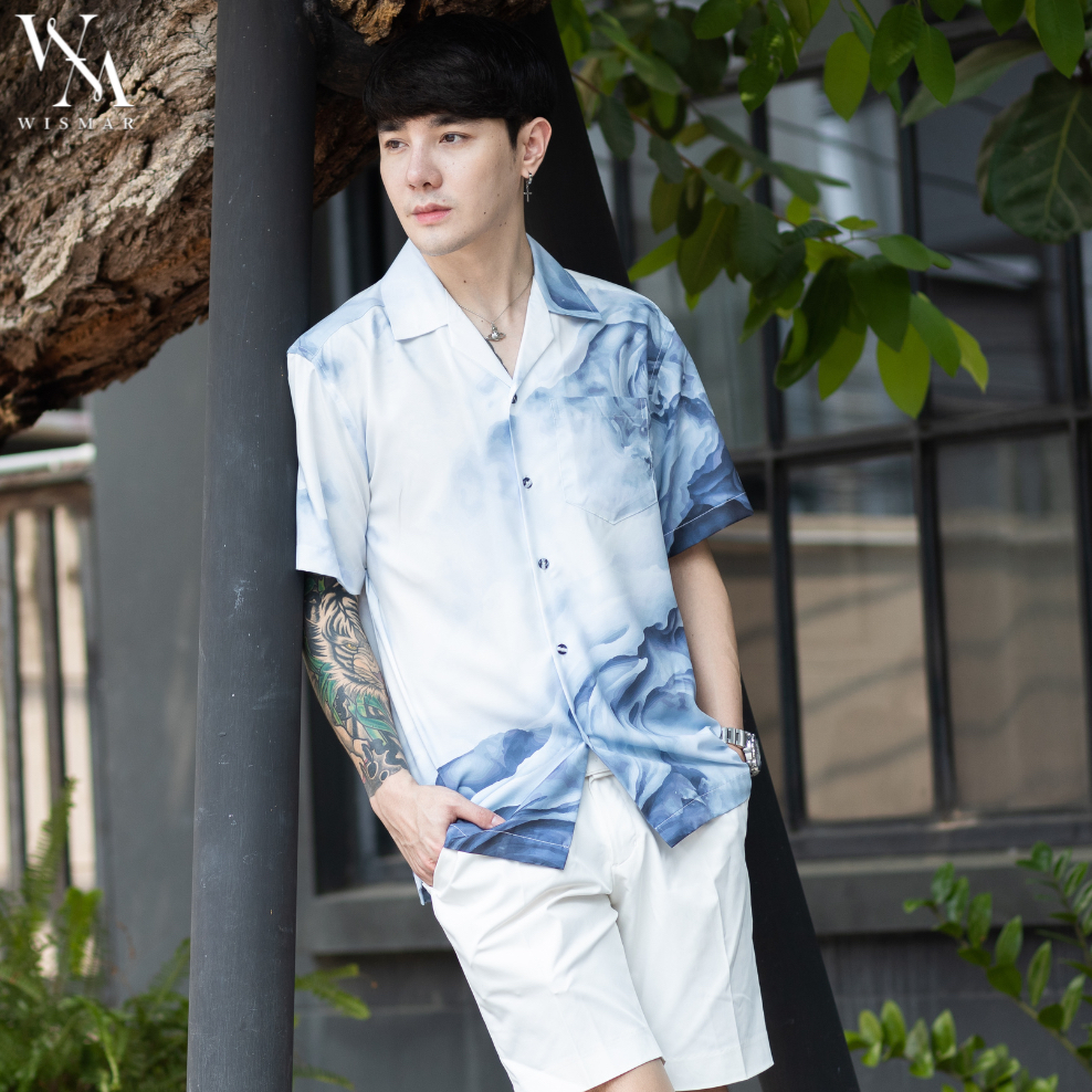 เสื้อเชิ้ตฮาวายแขนสั้นลายหินอ่อน(อาร์คติก บลู): Hawaii Arctic Blue  Marble Shirt(Short-Sleeve)