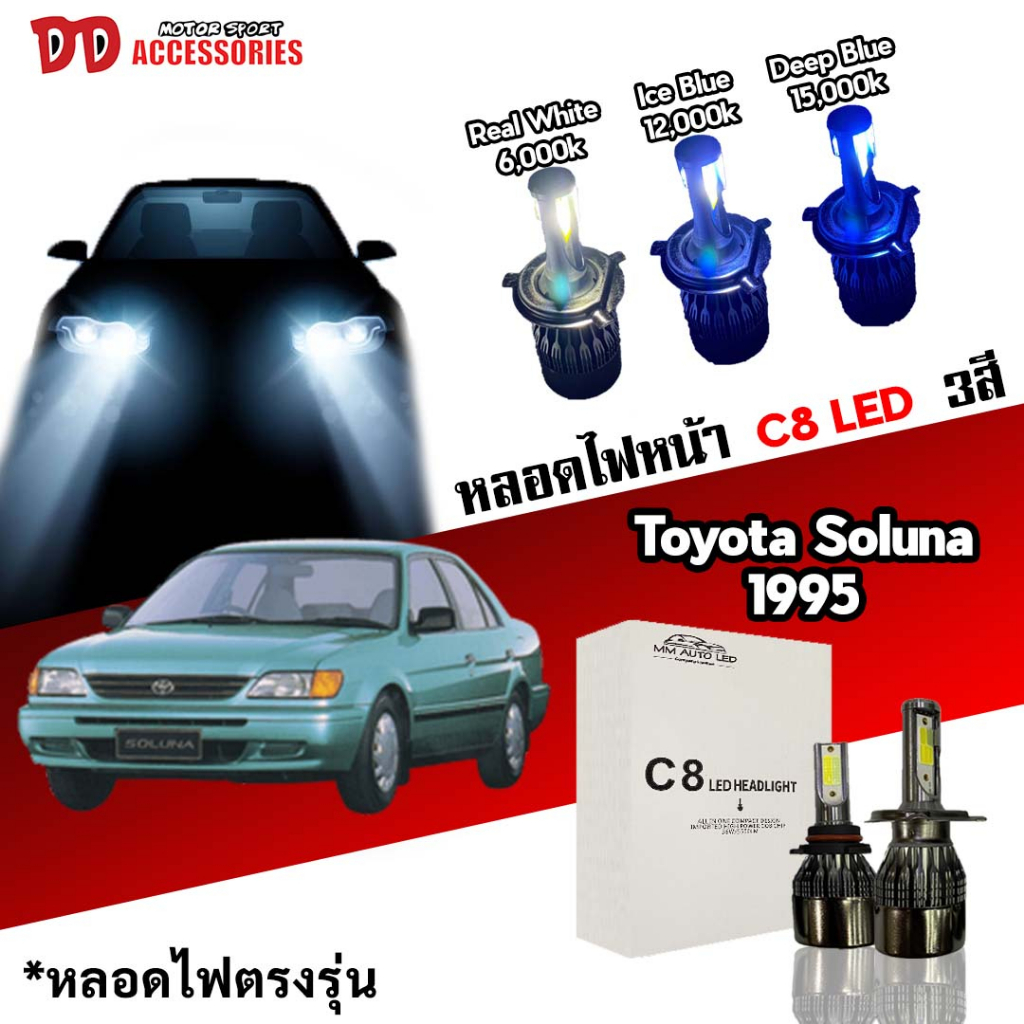 หลอดไฟหน้า C8 LED ไฟ 3 สี ขั้วตรงรุ่น Toyota Soluna 1995-1998 ตัวแรก H4 มีพัดลมในตัว ราคาต่อ 1 คู่