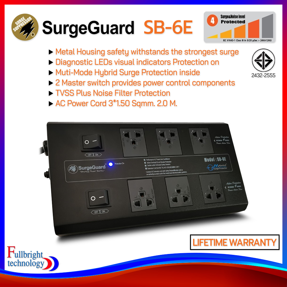 SurgeGuard SB-6E (Hybrid Surge Protector) ลดไฟกระชากและลดสัญญาณรบกวน รับประกันตลอดอายุการใช้งาน